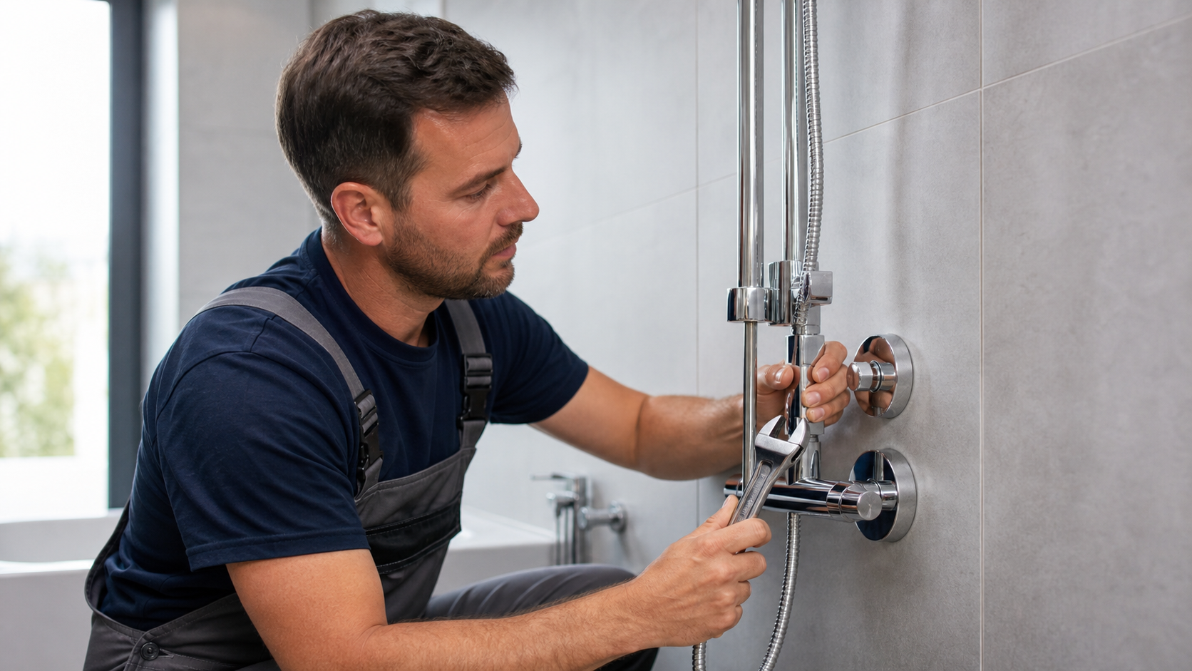 Nouveau robinet de douche thermostatique installé sur un mur de céramique