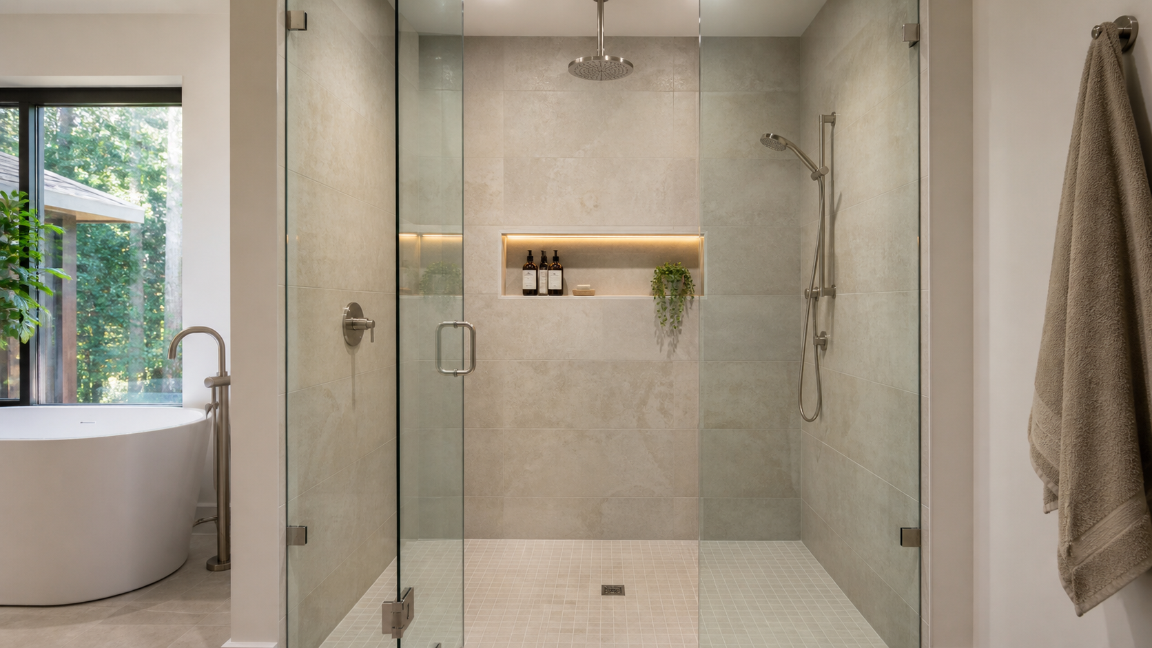 Salle de bain rénovée moderne avec douche en céramique et plancher chauffant au Québec.