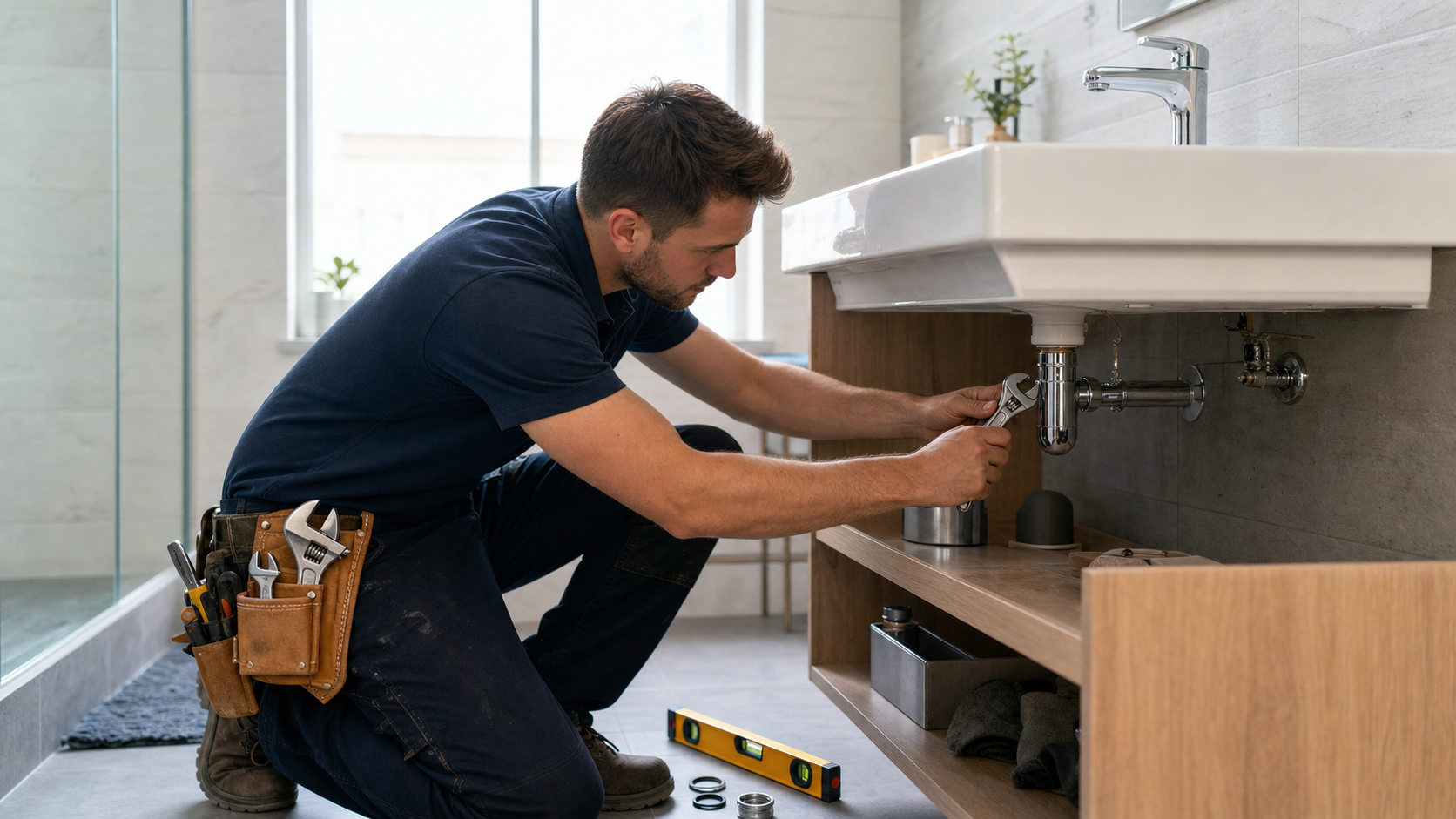 Plombier certifié installant un meuble-lavabo lors d'une rénovation de salle de bain.