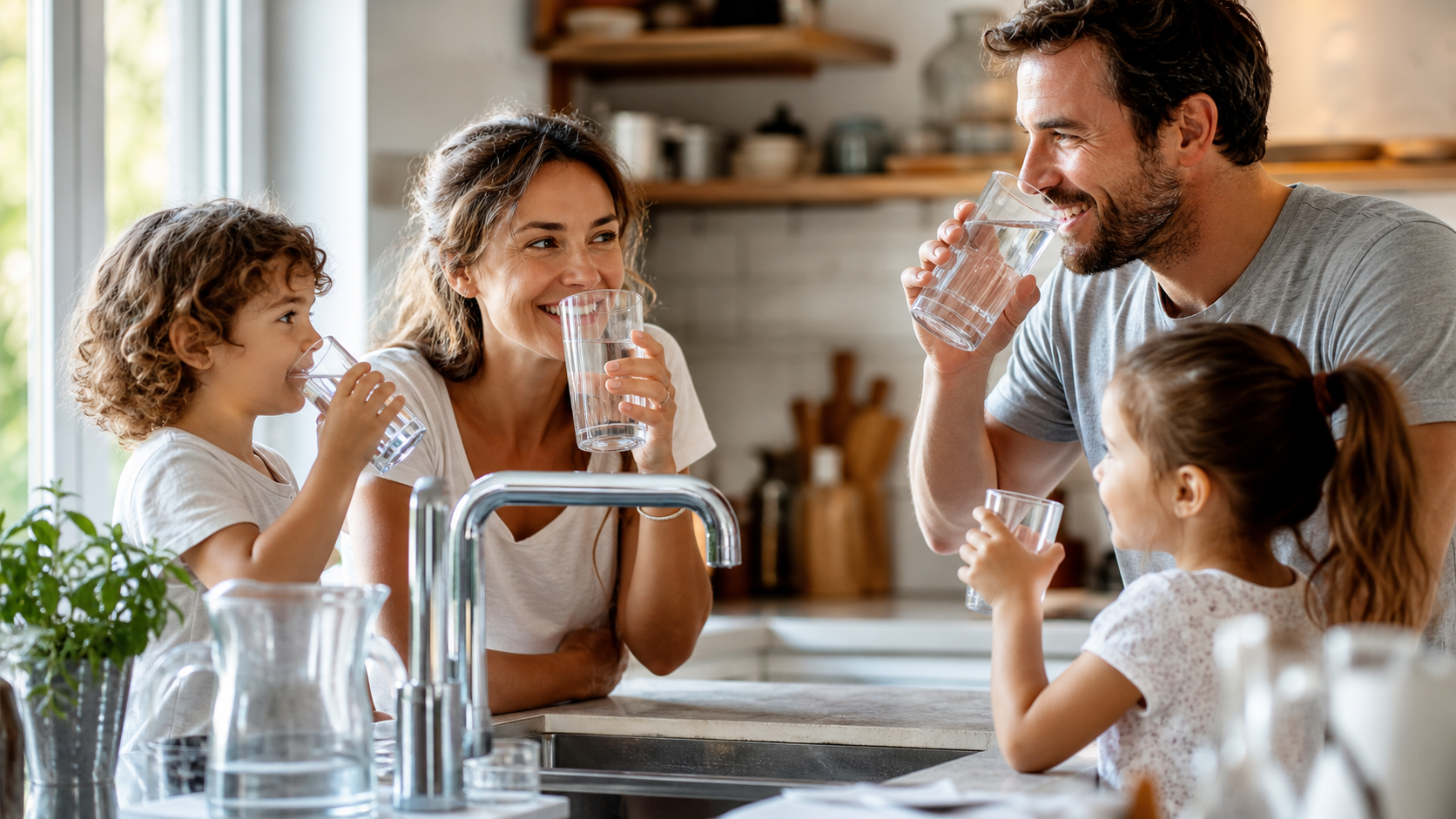 Verre d'eau filtrée servi au robinet dans une cuisine résidentielle québécoise