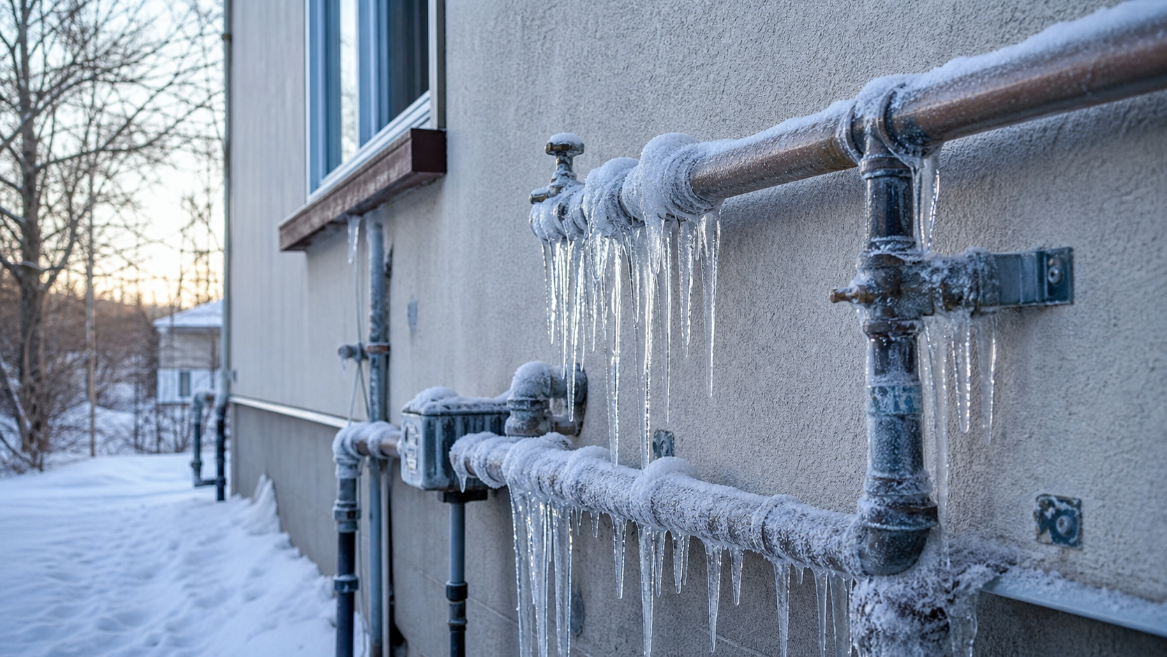 Tuyau gele couvert de givre dans un mur exterieur, illustrant le risque de gel tuyaux en hiver au Quebec.