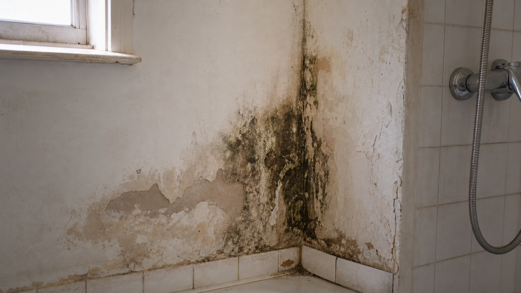 Moisissure sur un mur de salle de bain causée par une infiltration d'eau cachée.