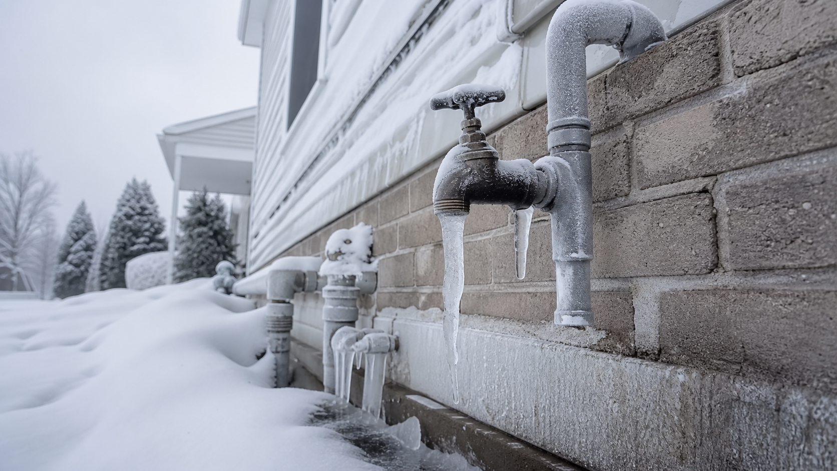 tuyaux gelés que faire au Québec : conduite d'eau givrée près d'un mur extérieur en hiver