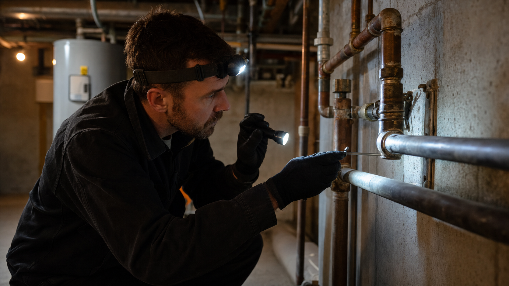 Plombier qui inspecte une conduite d'eau au sous-sol pour verifier les risques de gel pendant l'hiver.