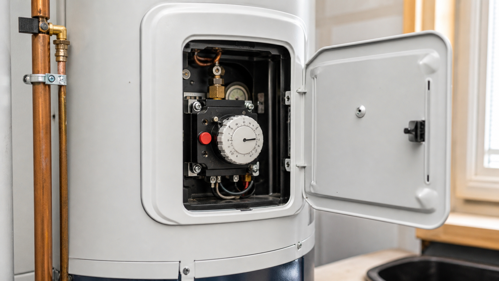 Bouton de reinitialisation rouge d'un chauffe-eau electrique qui ne fonctionne pas, accede sous le capot du thermostat.