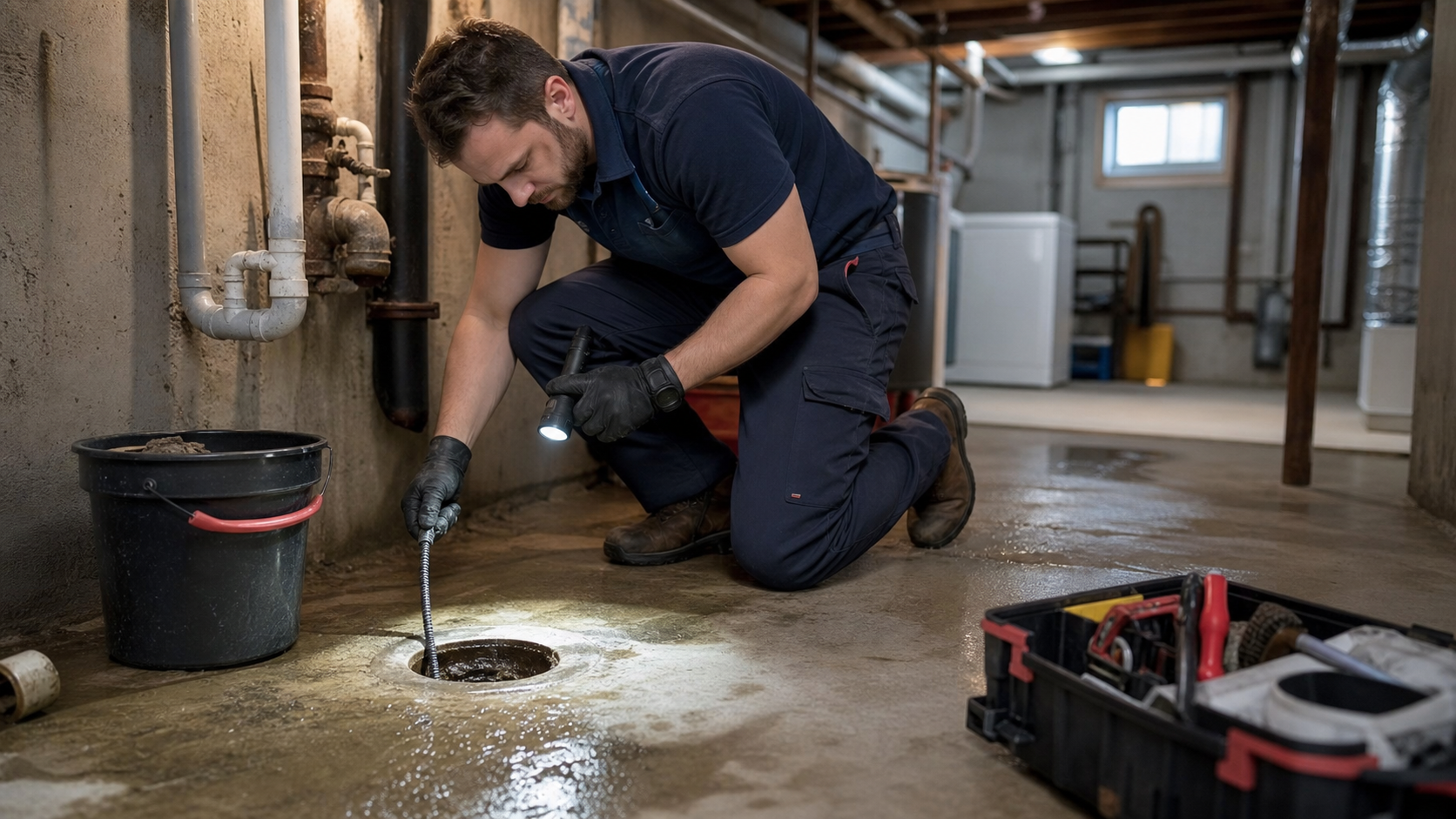 Plombier inspectant un drain de plancher au sous-sol lorsqu'un refoulement persiste malgré les méthodes maison