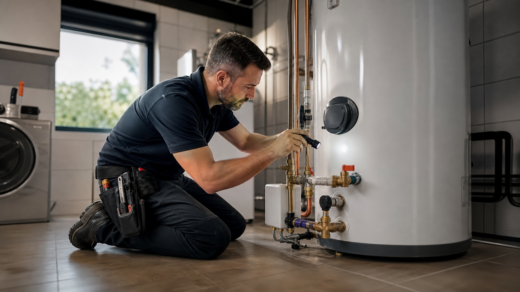 Plombier qui verifie un reservoir a eau chaude pour diagnostiquer une panne et l'absence d'eau chaude.