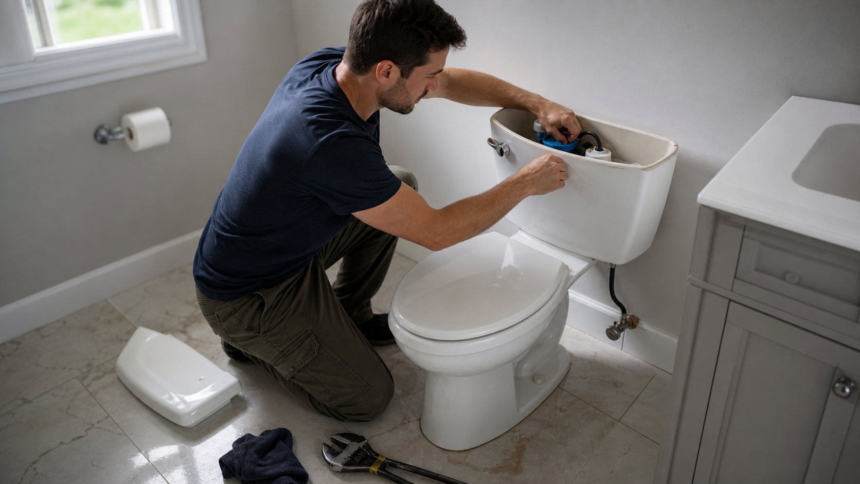 Mains qui ajustent la chaîne du clapet dans un réservoir de toilette pour stopper l'écoulement d'eau