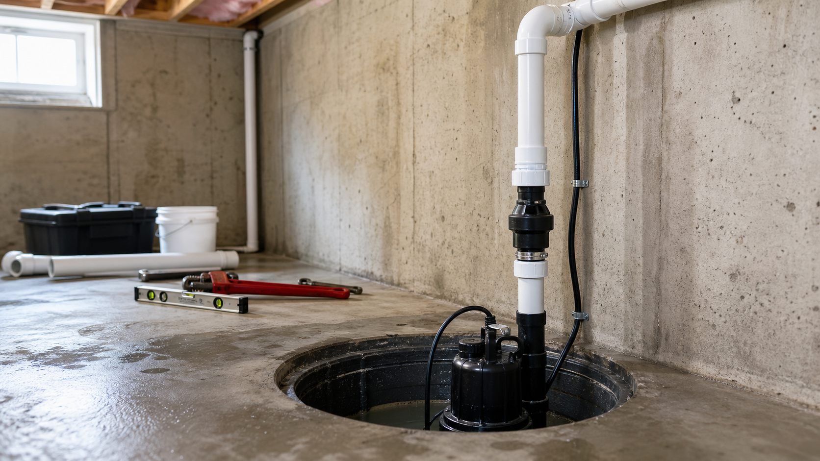 Guide installation pompe puisard avec pompe submersible placée dans une fosse au sous-sol d'une maison québécoise.
