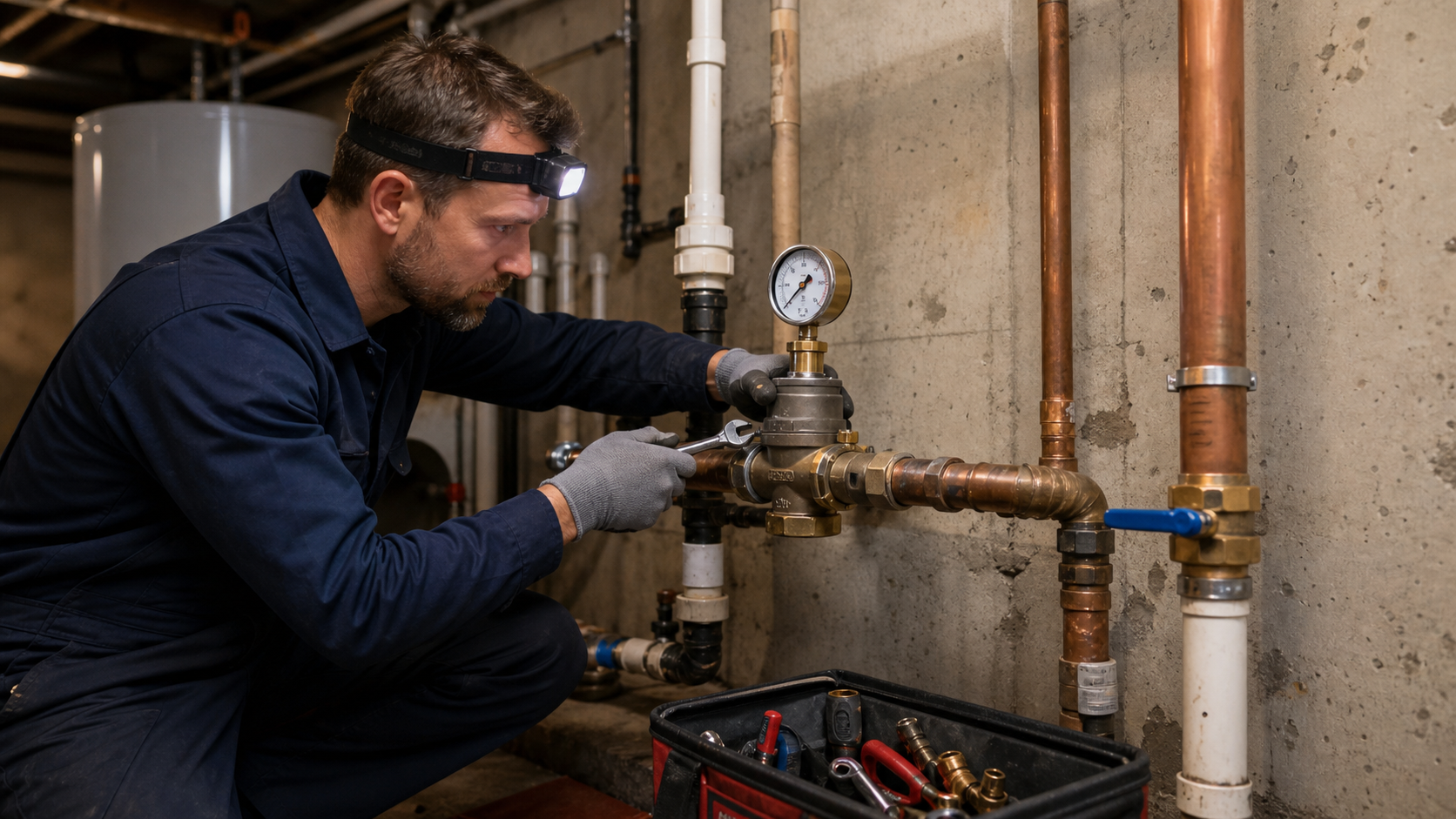 Plombier qui inspecte le régulateur de pression au sous-sol près du compteur d eau