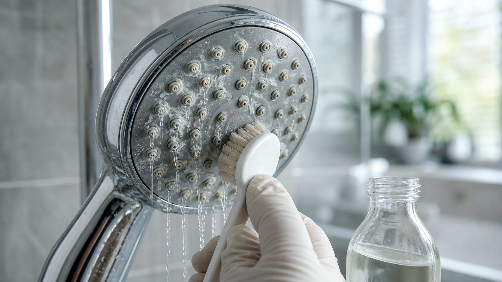 Pommeau de douche entartré nettoyé au vinaigre pour rétablir le débit d eau