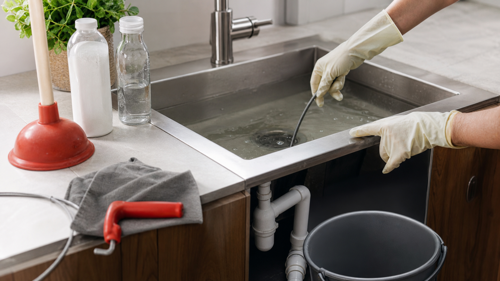 Methodes debouchage drain illustrees par une ventouse appliquee sur le drain d'un evier de cuisine bouche