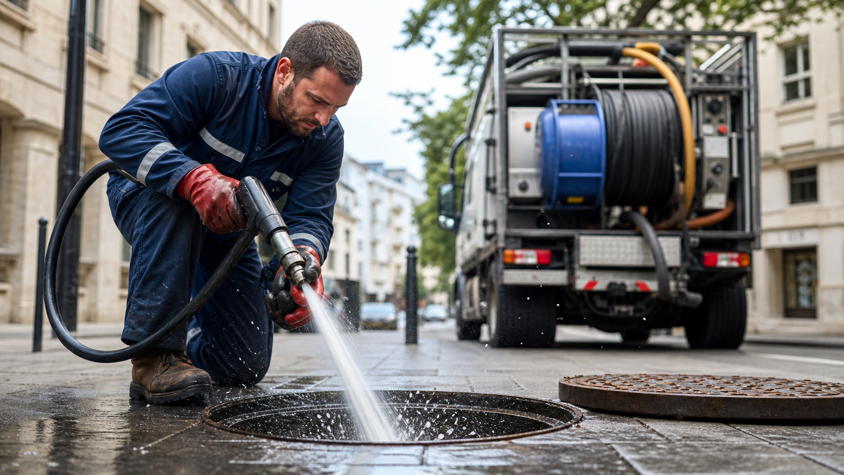 Plombier utilisant un jet d'eau haute pression pour nettoyer une canalisation obstruee au sous-sol