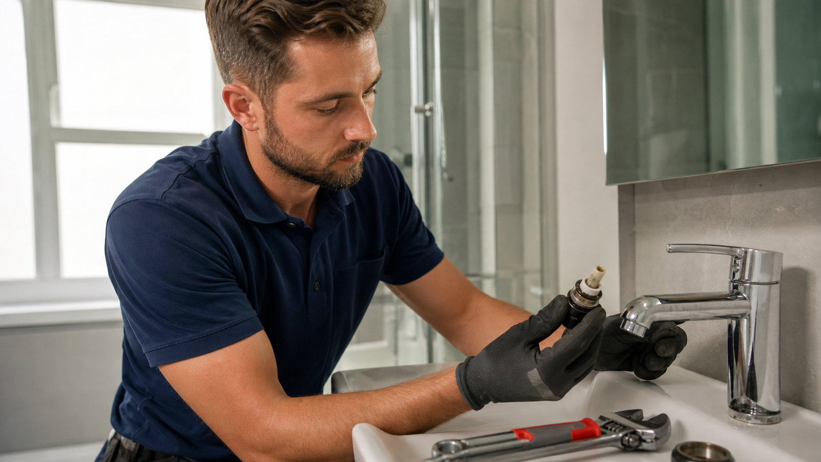 Mains qui remplacent une cartouche de mitigeur usée lors de la réparation d'un robinet