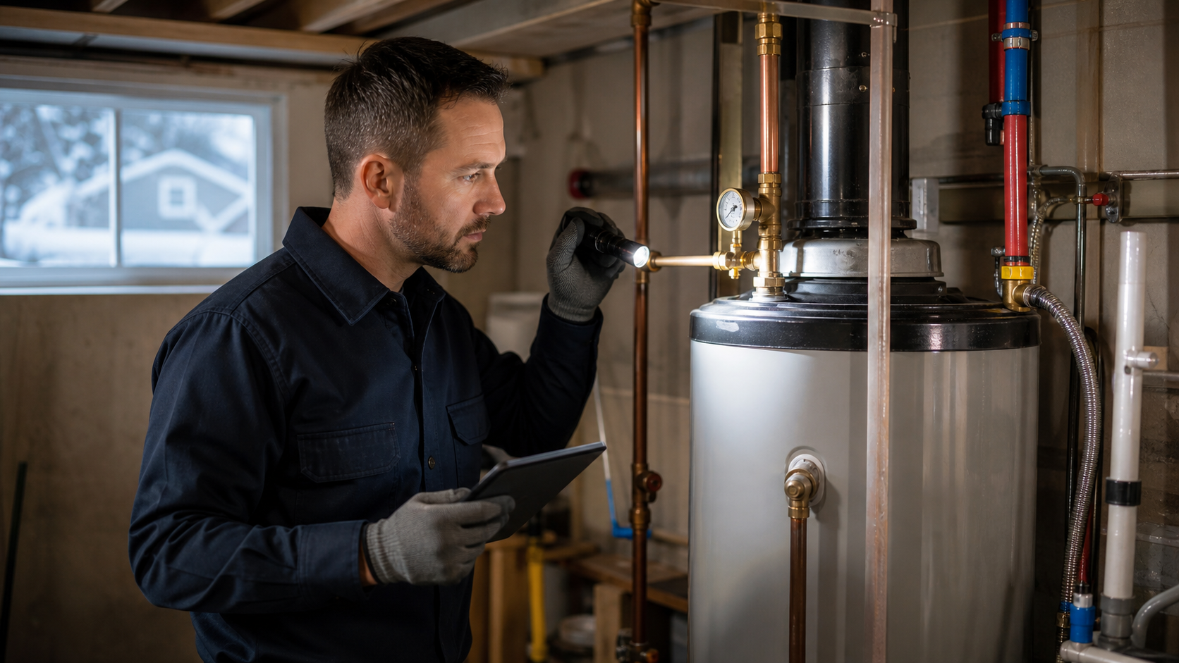 Plombier certifié inspectant un chauffe-eau résidentiel au Québec