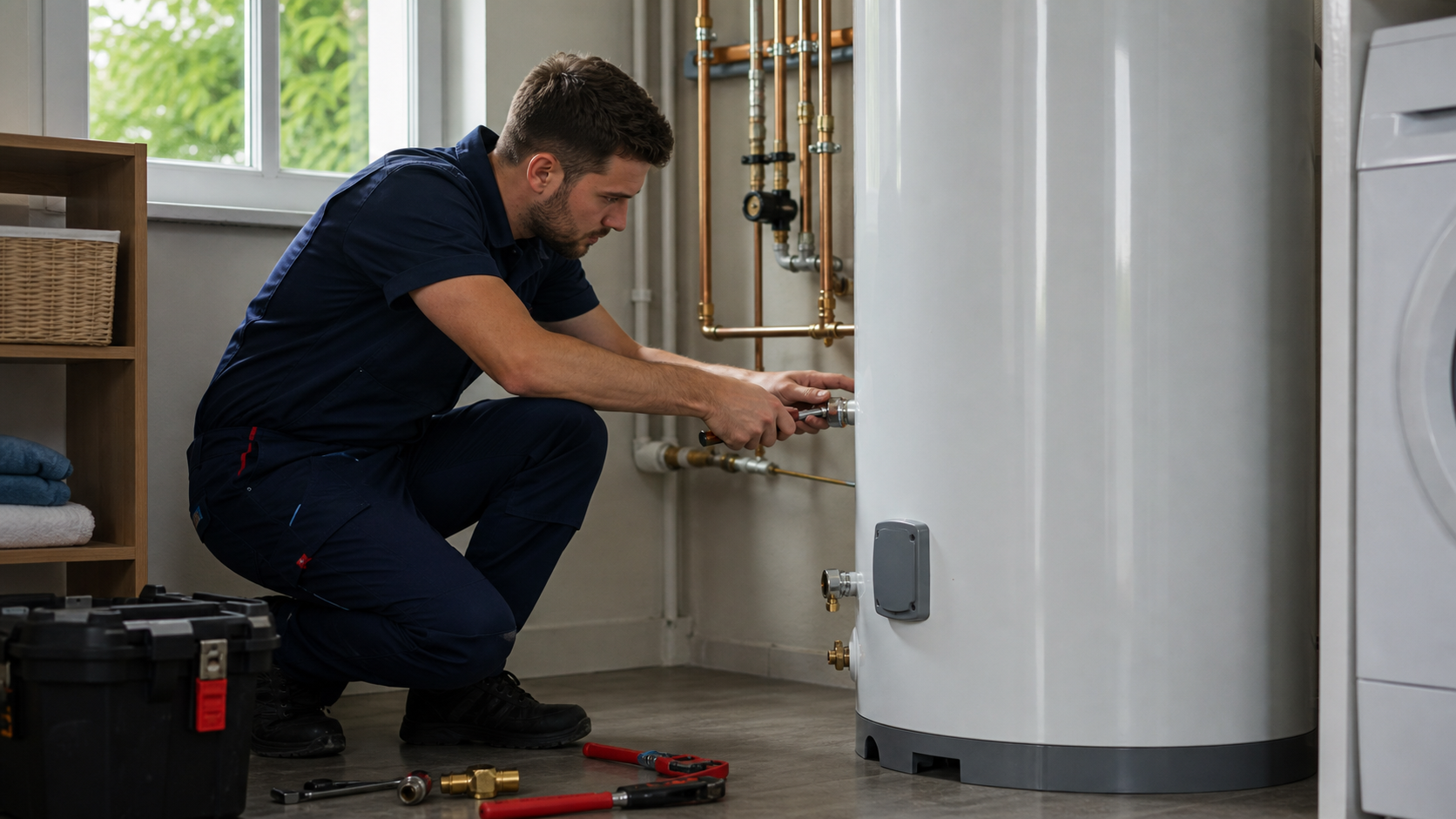 Plombier certifié installant un nouveau chauffe-eau électrique de 40 gallons