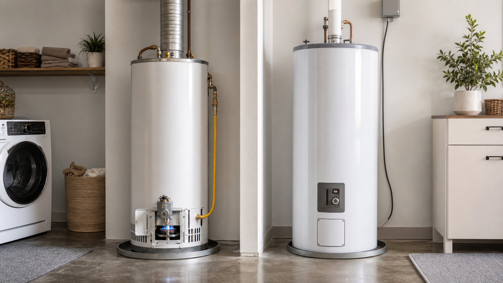 Comparaison chauffe-eau gaz vs électrique illustrant les deux appareils côte à côte dans un sous-sol québécois