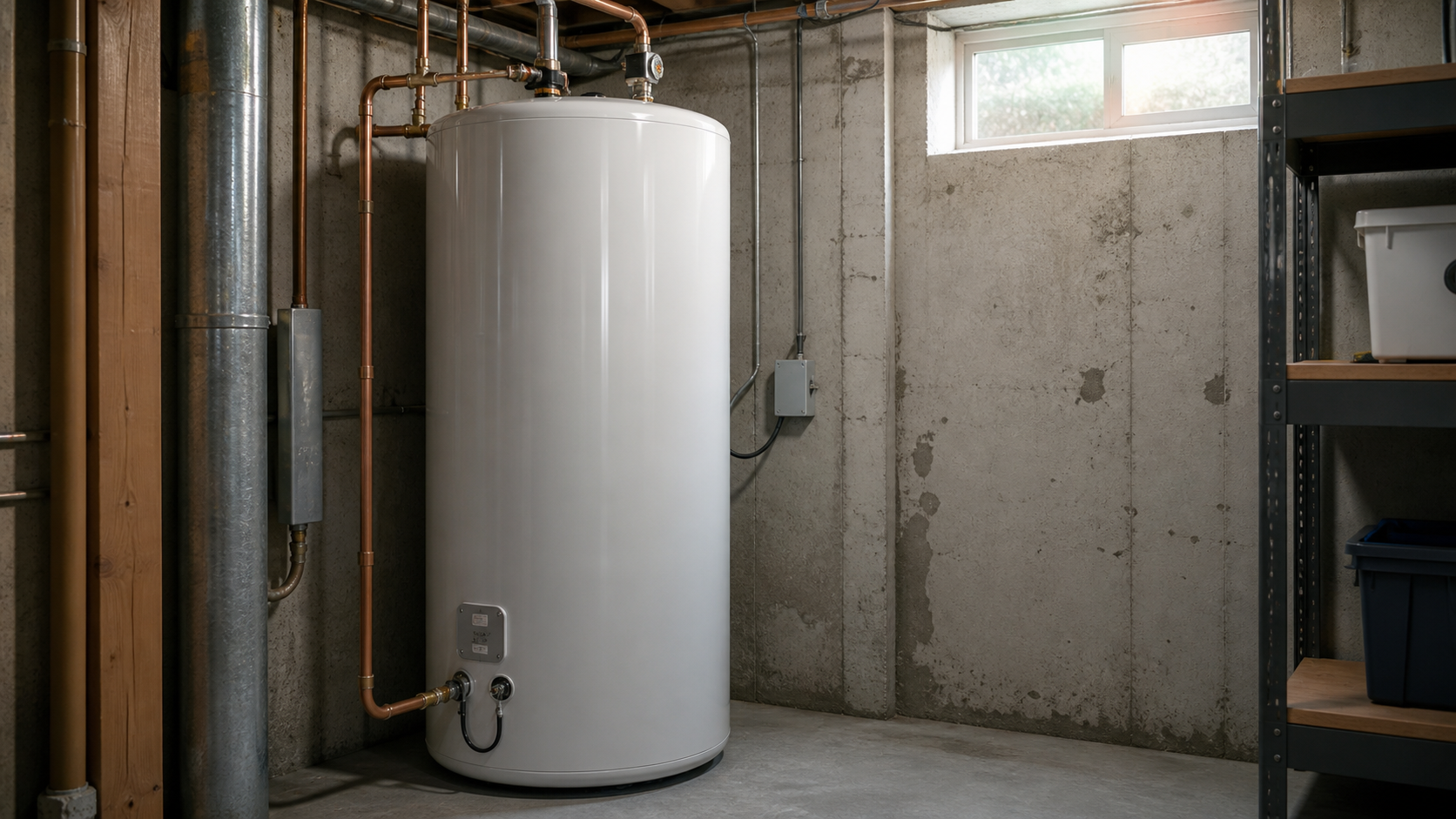 Réservoir de chauffe-eau électrique installé dans une salle mécanique d'une résidence au Québec