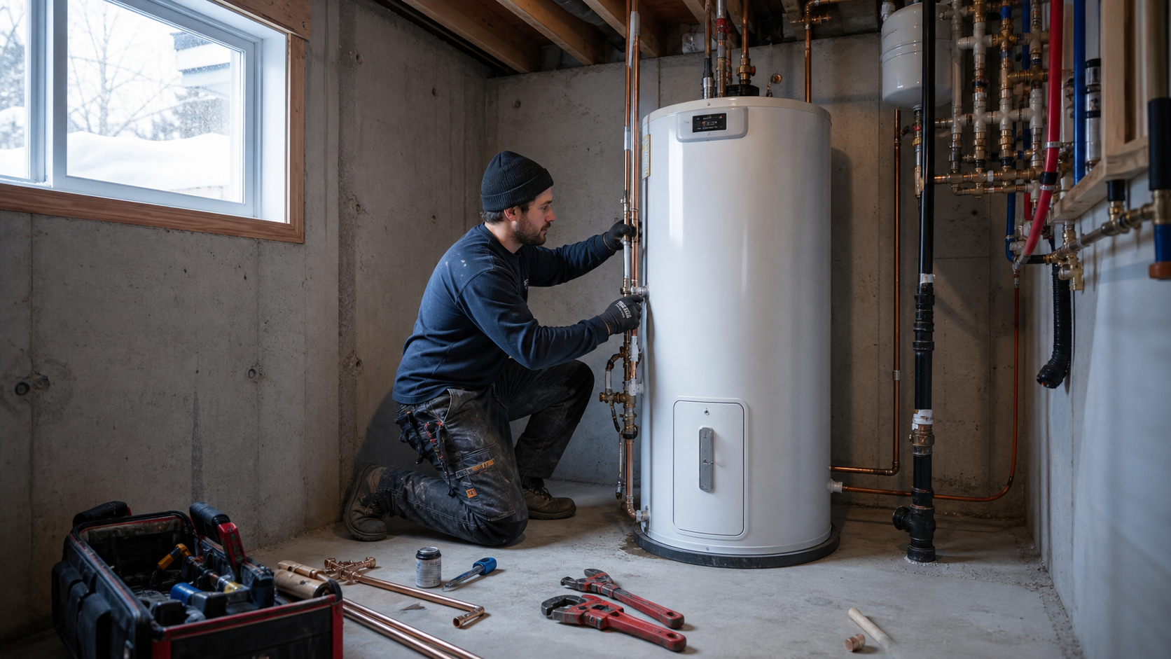 Plombier certifié raccordant un chauffe-eau lors d'une installation conforme au Code de construction