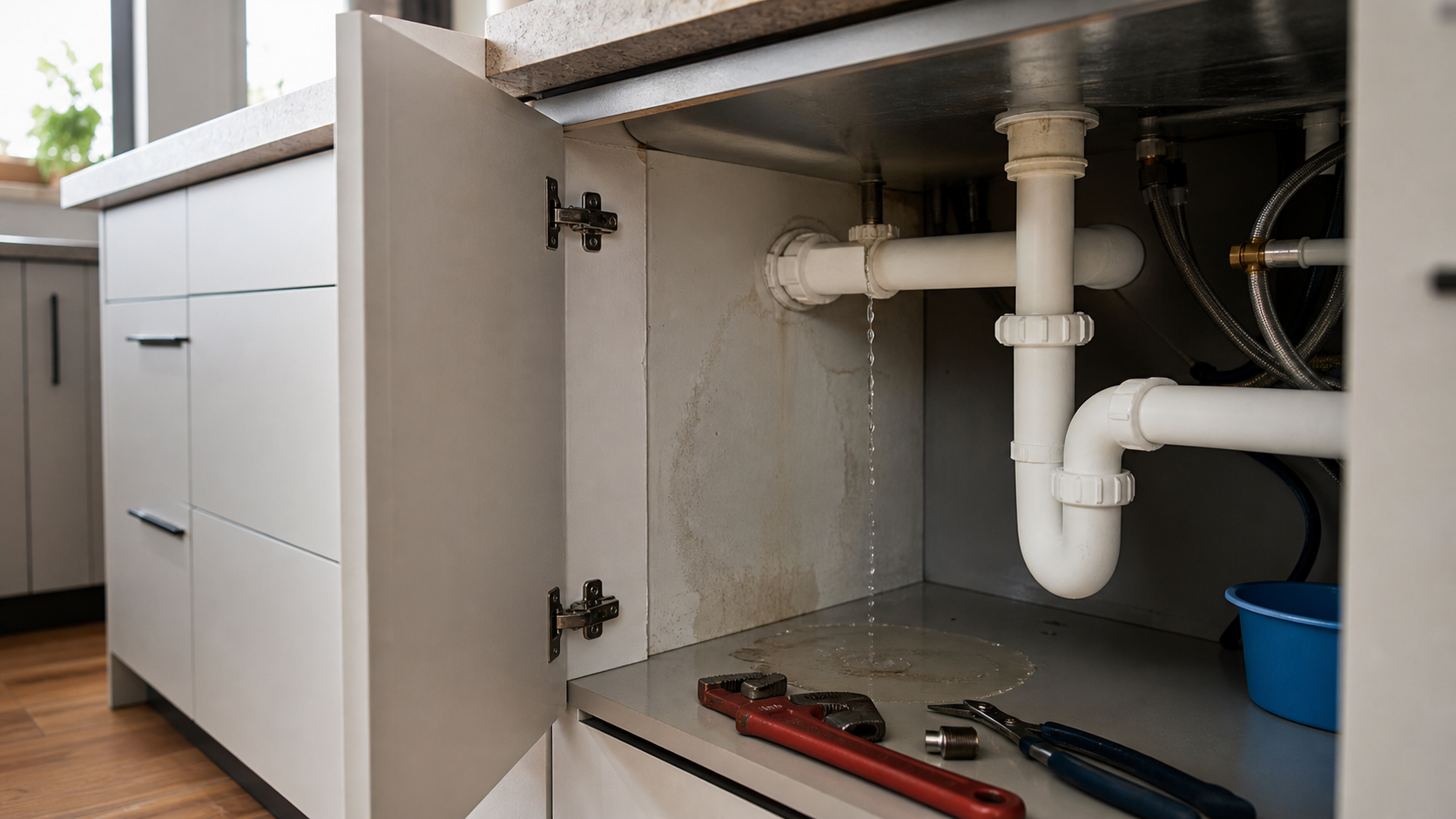 Problemes de plomberie d'evier de cuisine avec fuite d'eau visible sous l'armoire dans une cuisine quebecoise.