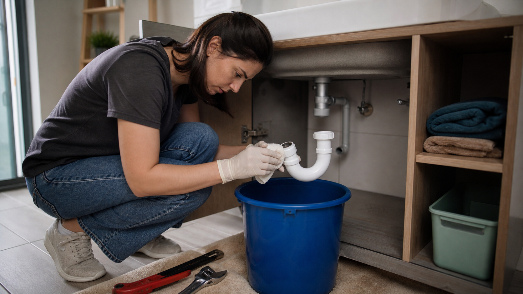 Personne qui nettoie le siphon en P sous l'evier de cuisine avec une chaudiere pour recuperer l'eau.
