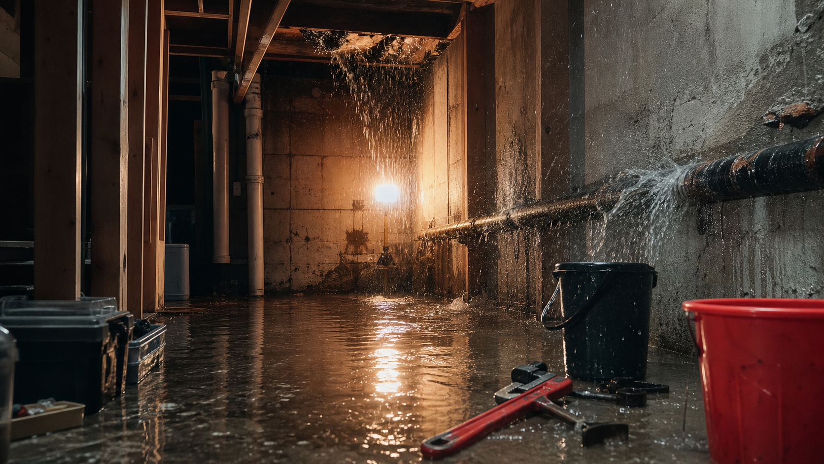 Sous-sol inonde par une urgence plomberie avec eau au sol pres du chauffe-eau dans une maison quebecoise