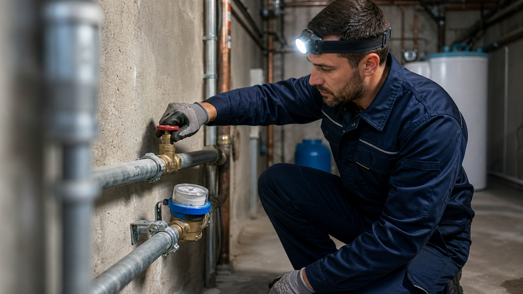Personne fermant la valve d'eau principale pour stopper une fuite avant l'arrivee du plombier