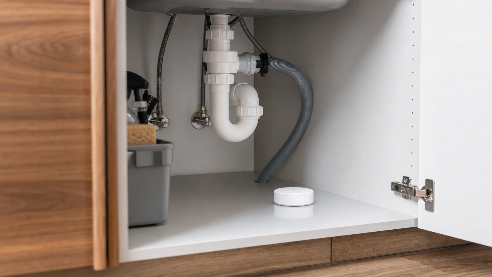 Detecteur de fuite d'eau installe sous un evier pour prevenir les degats d'eau a la maison