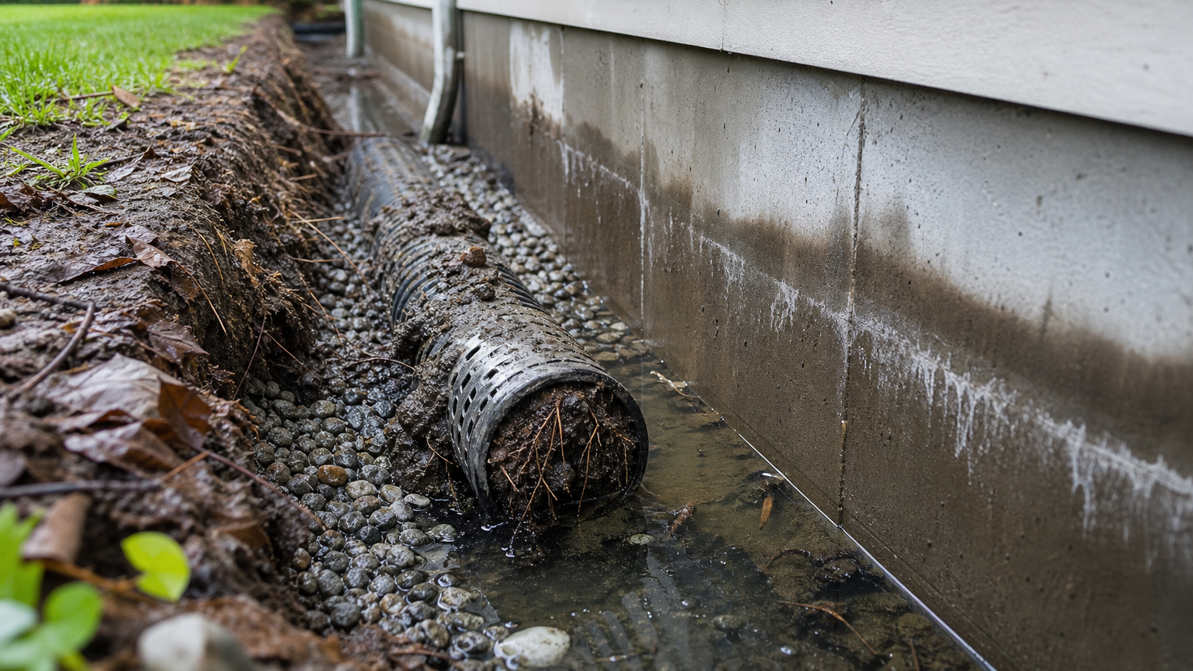 Sous-sol humide avec eau au plancher, un des symptômes d'un drain français bouché à surveiller.
