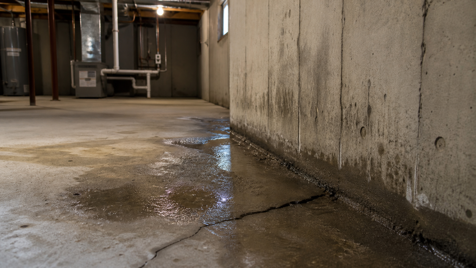 Infiltration d'eau à la jonction du mur et de la dalle de béton dans un sous-sol.
