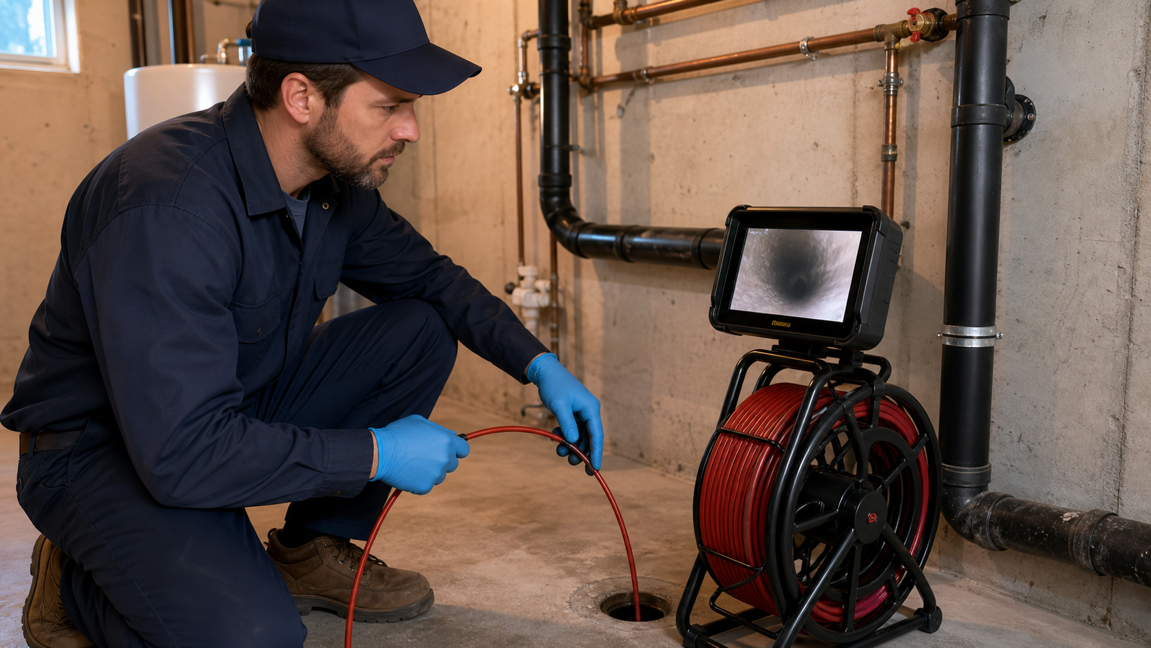 Inspection par caméra d'un drain de fondation réalisée par un plombier au Québec.