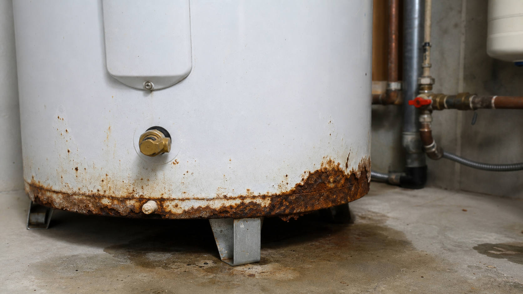 Bas d'un chauffe-eau presentant de la rouille, un signe pour savoir quand changer chauffe-eau au Quebec.