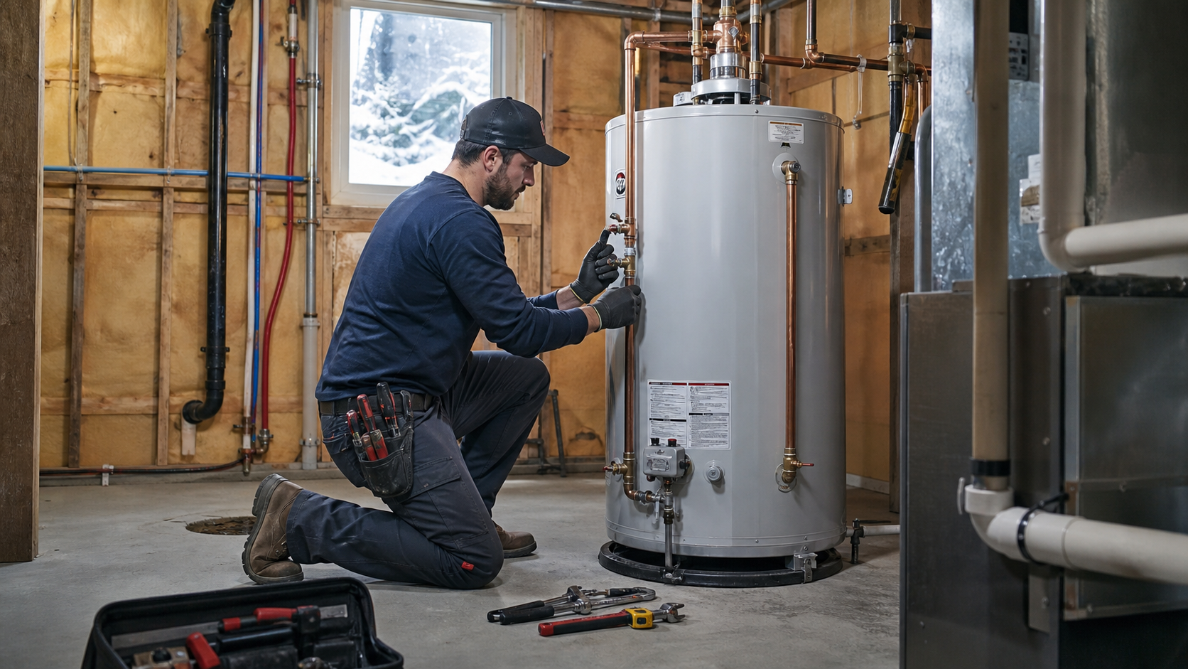 Plombier qui procede au remplacement d'un chauffe-eau electrique dans une maison du Quebec.