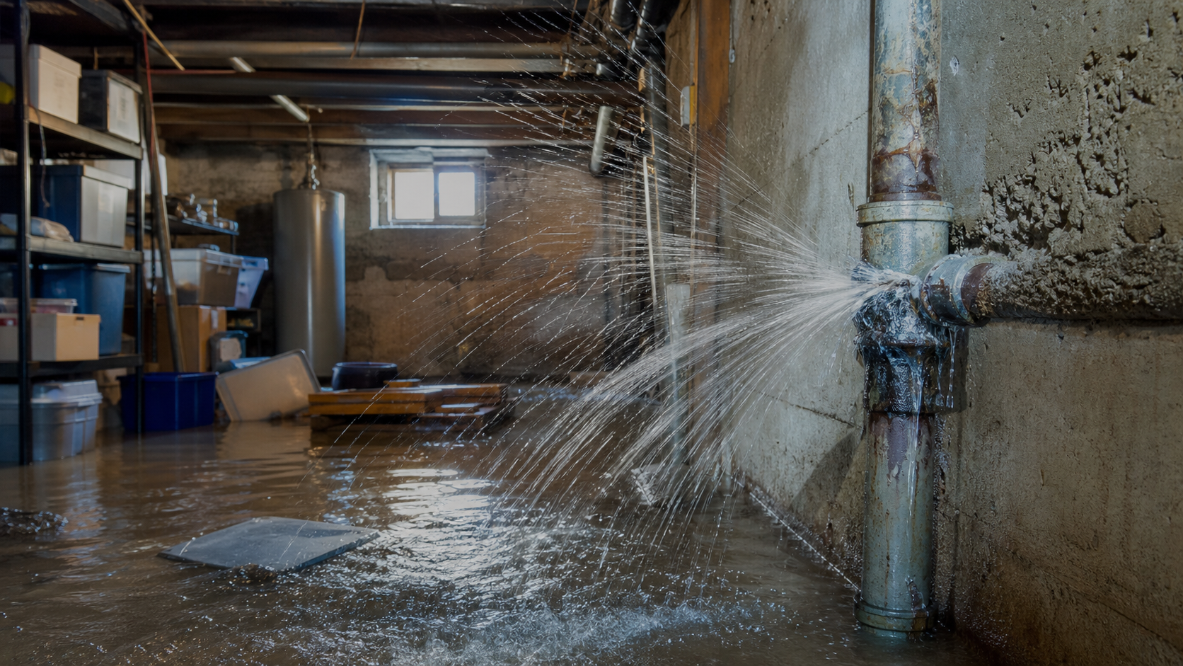 Tuyau éclaté qui projette de l'eau et inonde le plancher d'un sous-sol en hiver.