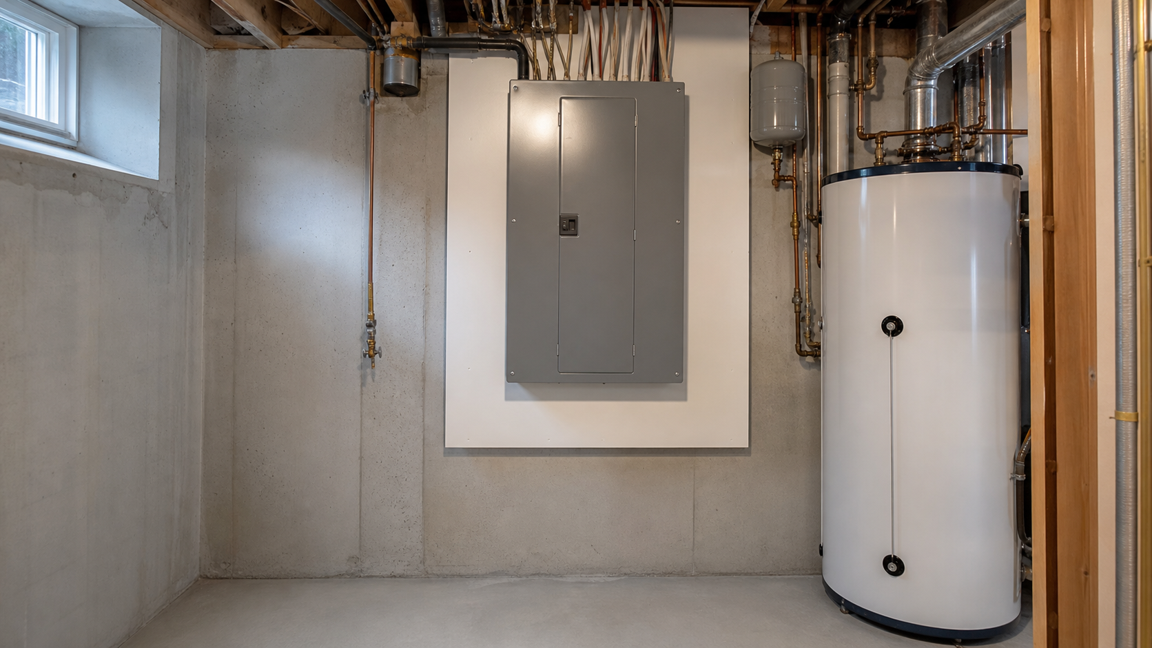 Plombier vérifiant le dégagement réglementaire entre un chauffe-eau et un panneau électrique