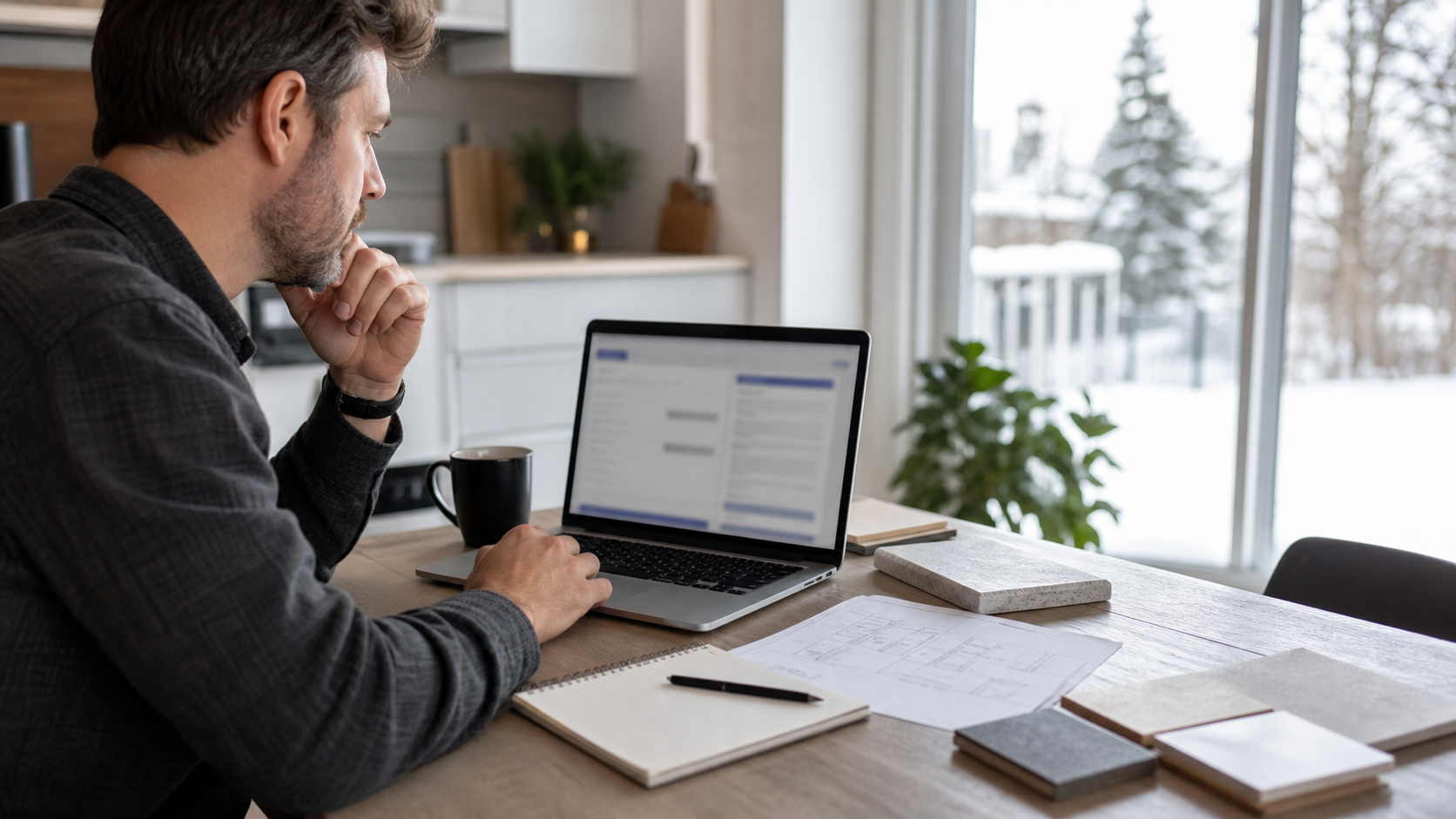 Proprietaire qui consulte sur son ordinateur la fiche d'un entrepreneur avant de signer un contrat de plomberie.