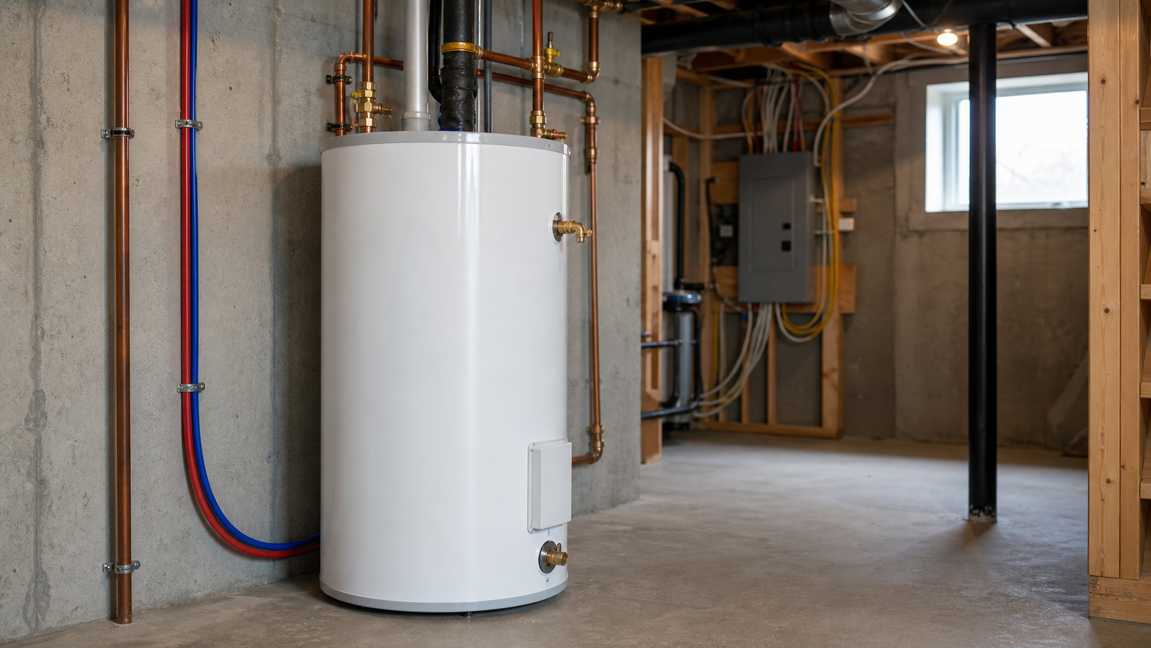 Réservoir à eau chaude électrique installé au sous-sol d'une maison québécoise avec bac de rétention