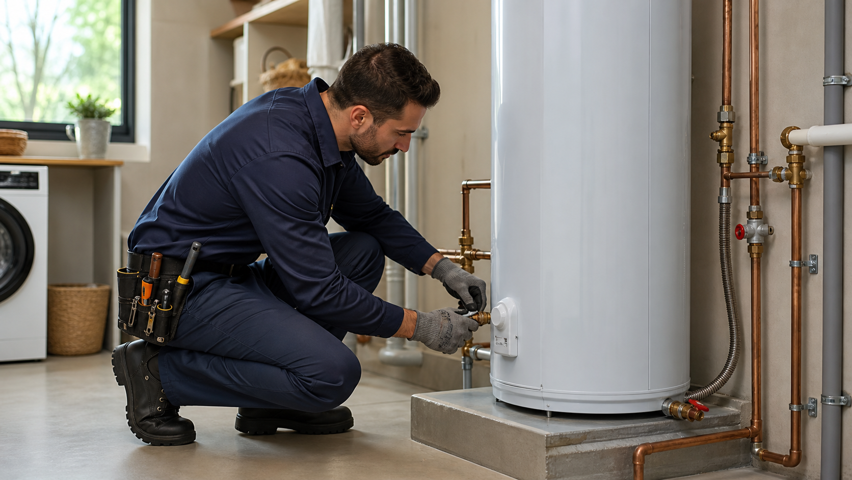 Plombier qualifié qui installe un nouveau chauffe-eau à réservoir dans une résidence