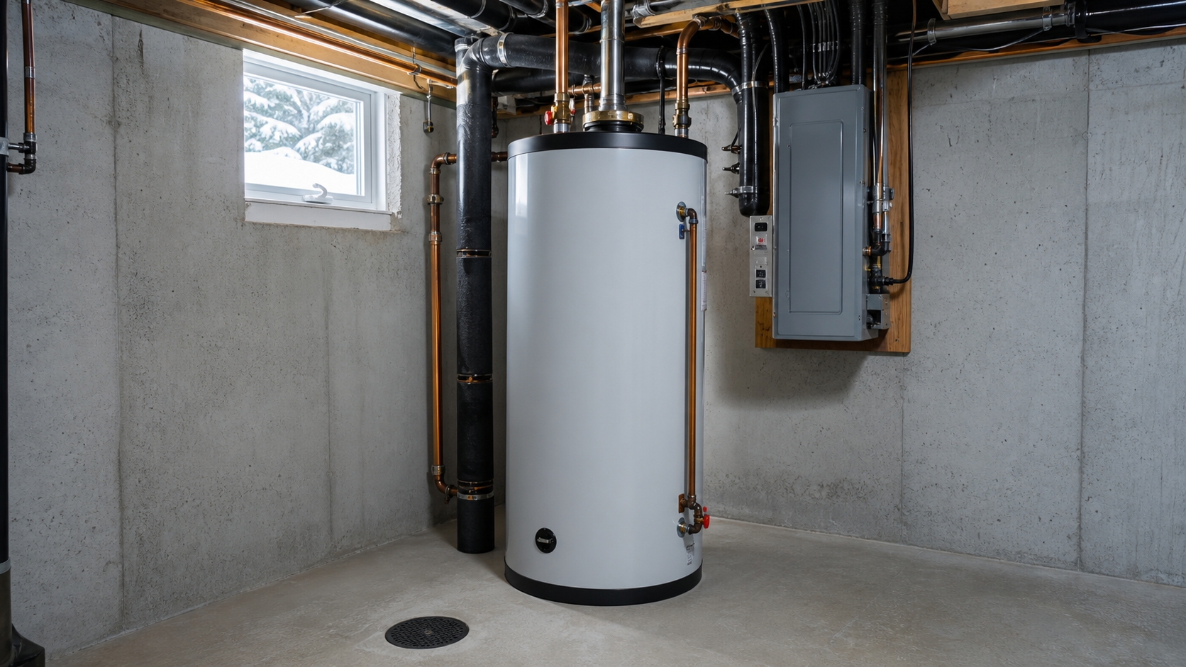 Meilleur chauffe-eau au québec installé au sous-sol près d'un drain de plancher dans une maison