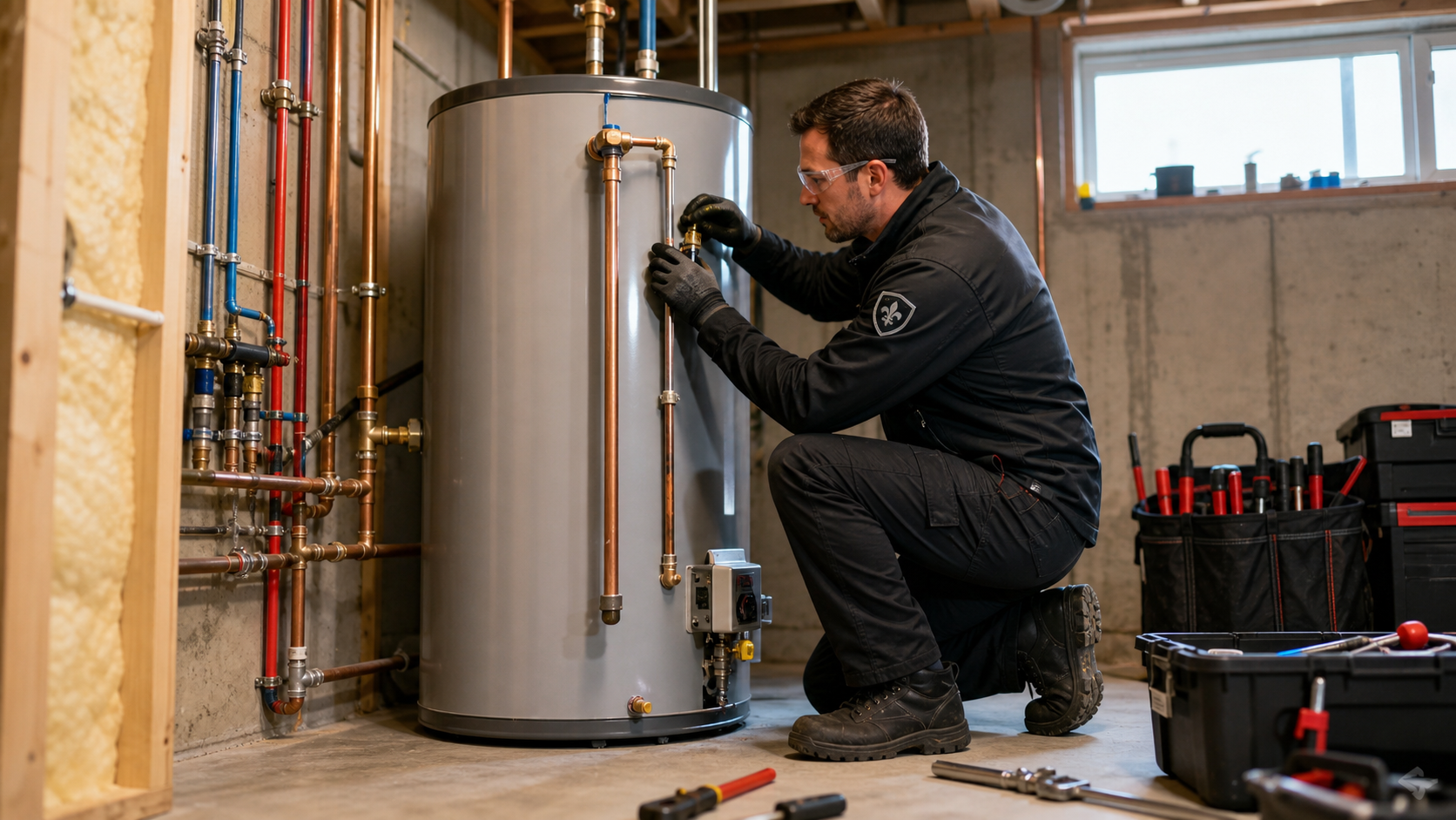 Plombier certifié CMMTQ qui raccorde un chauffe-eau électrique résidentiel au québec