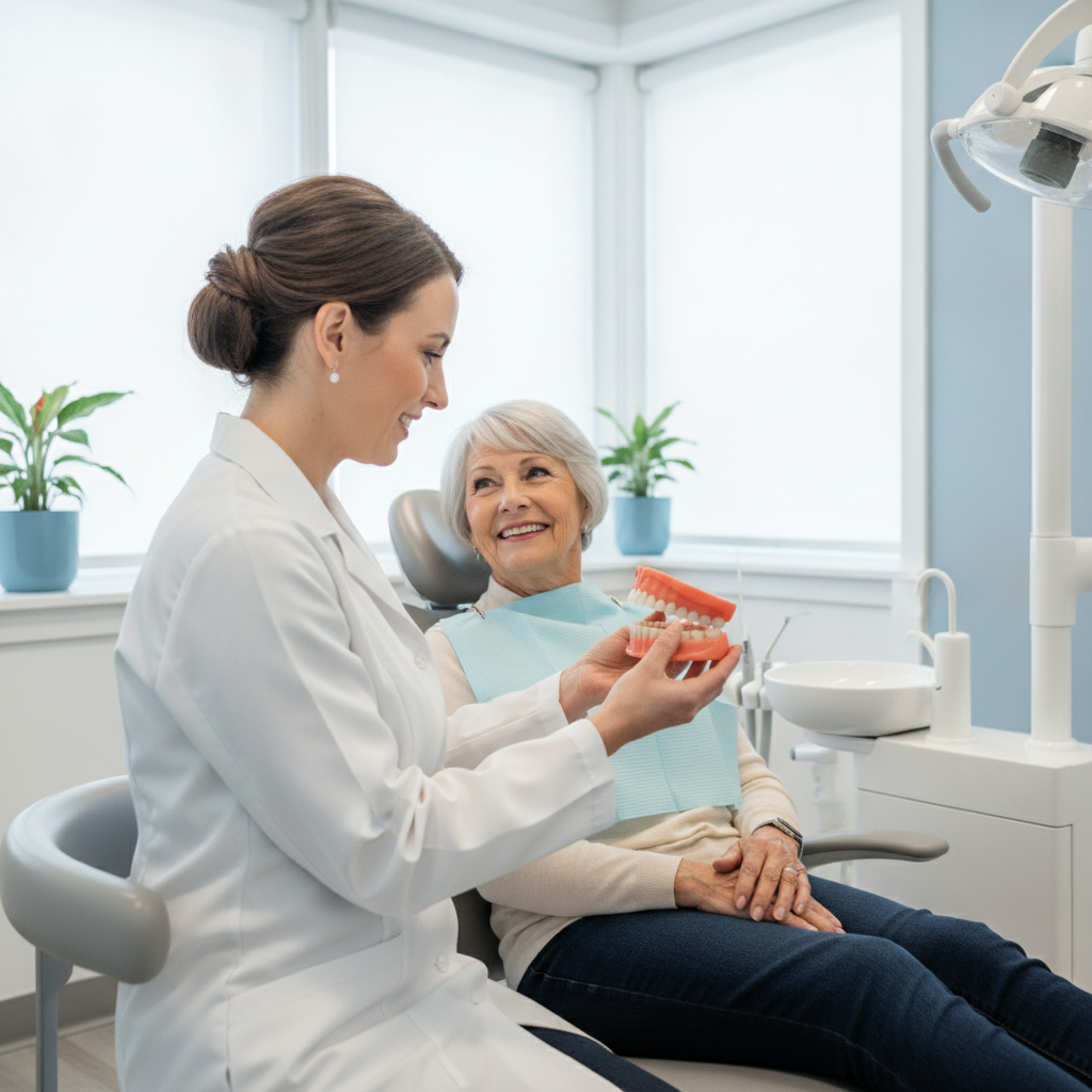 Denturologiste présentant une prothèse dentaire complète à une patiente souriante