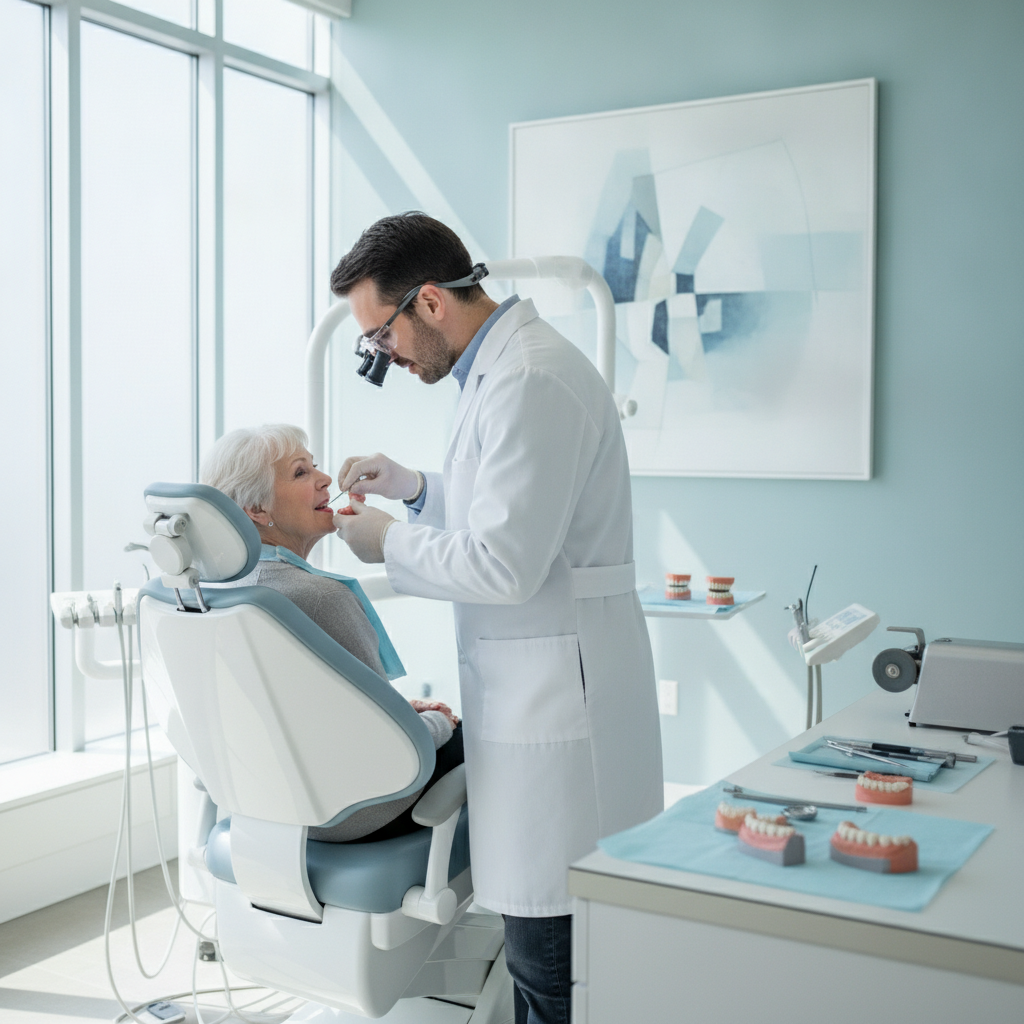 Denturologiste ajustant une prothèse pour un patient