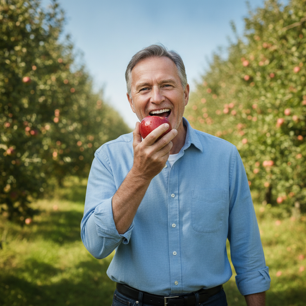 Homme âgé croquant une pomme, sourire confiant