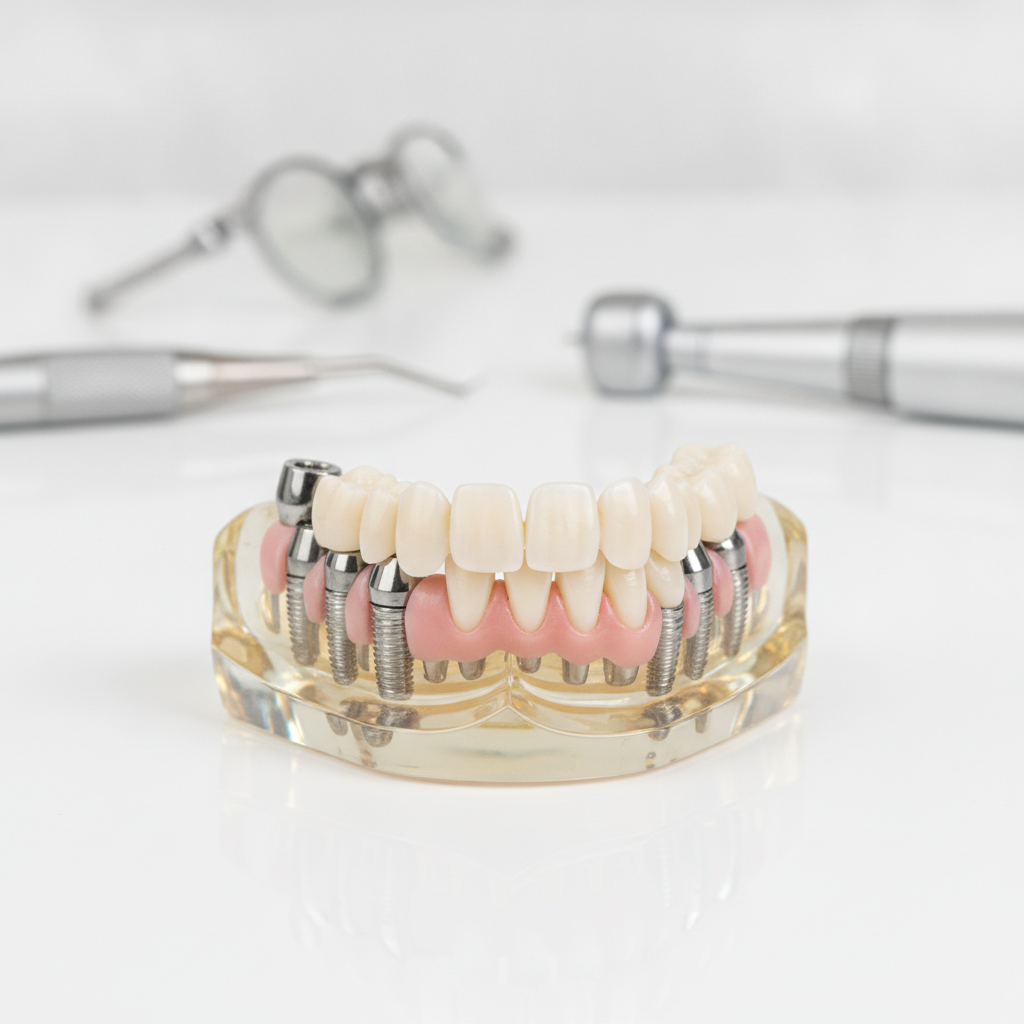Prothèse dentaire sur implants fixée sur la mâchoire inférieure illustrant la stabilité offerte par les implants en titane