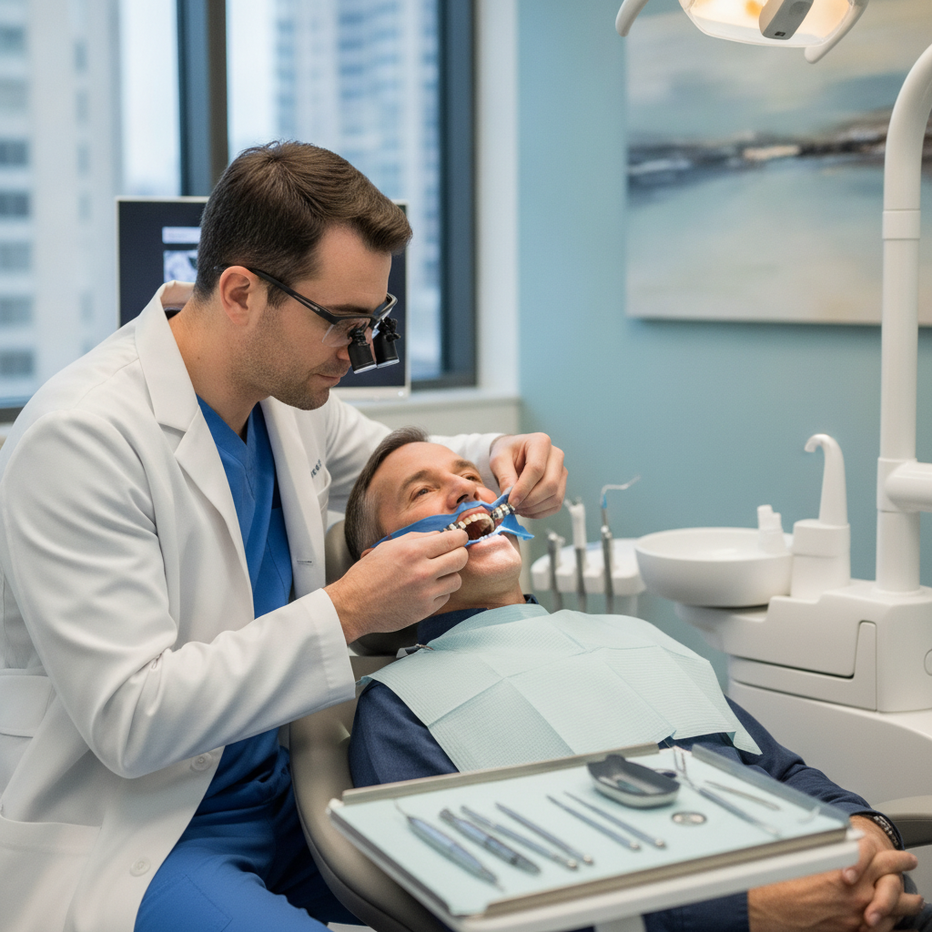 Denturologiste ajustant une overdenture clipsée sur implants chez un patient de la Rive-Sud