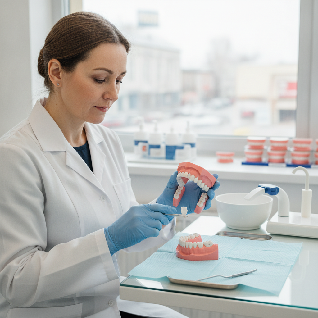 Denturologiste comparant une prothèse complète ou partielle sur un modèle dentaire dans une clinique de la Rive-Sud