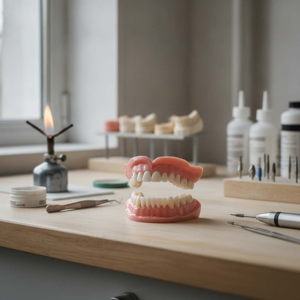 Dentier complet en acrylique de la mâchoire supérieure posé sur un plan de travail de laboratoire de denturologie