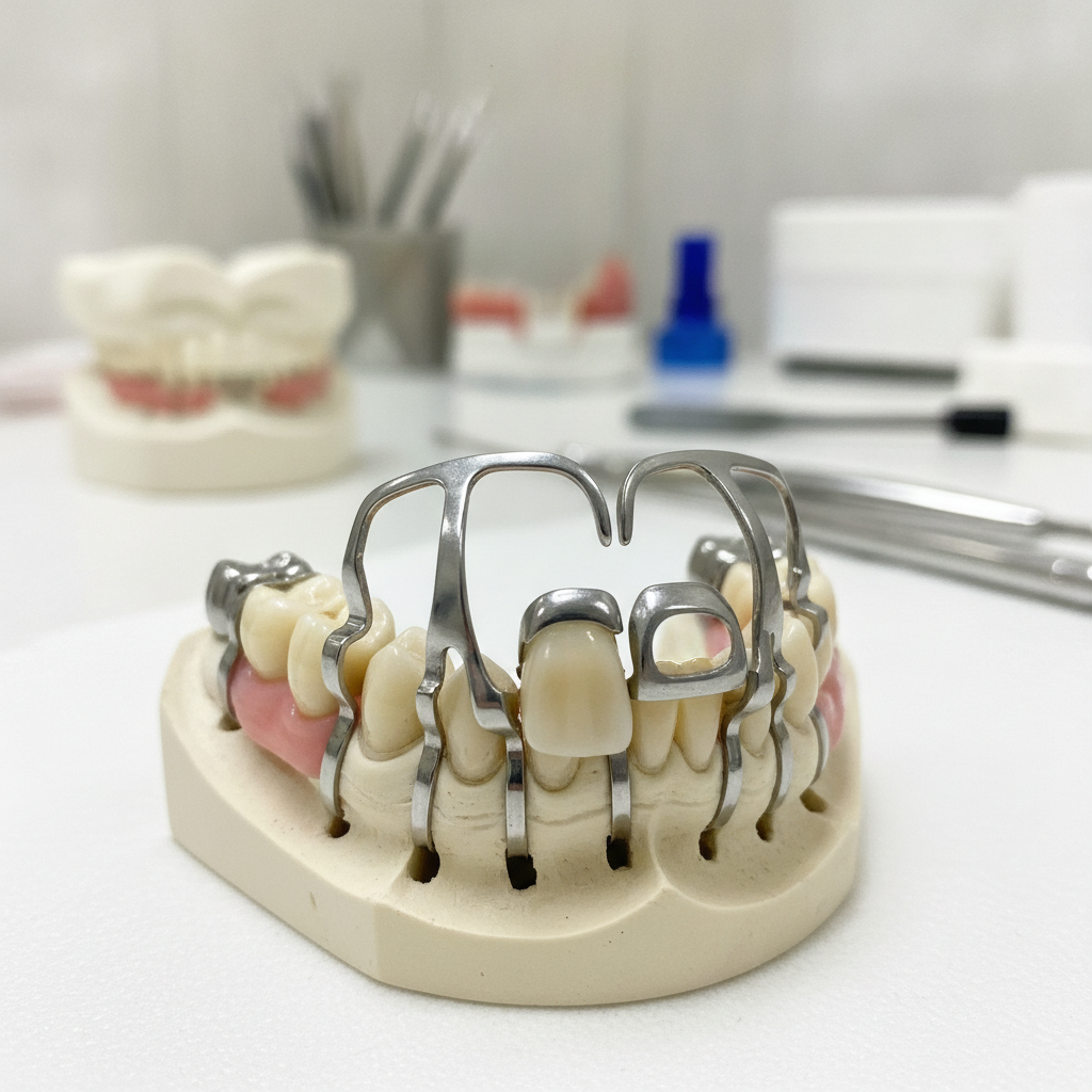 Prothèse amovible partielle métallique munie de crochets remplaçant plusieurs dents manquantes sur une arcade dentaire