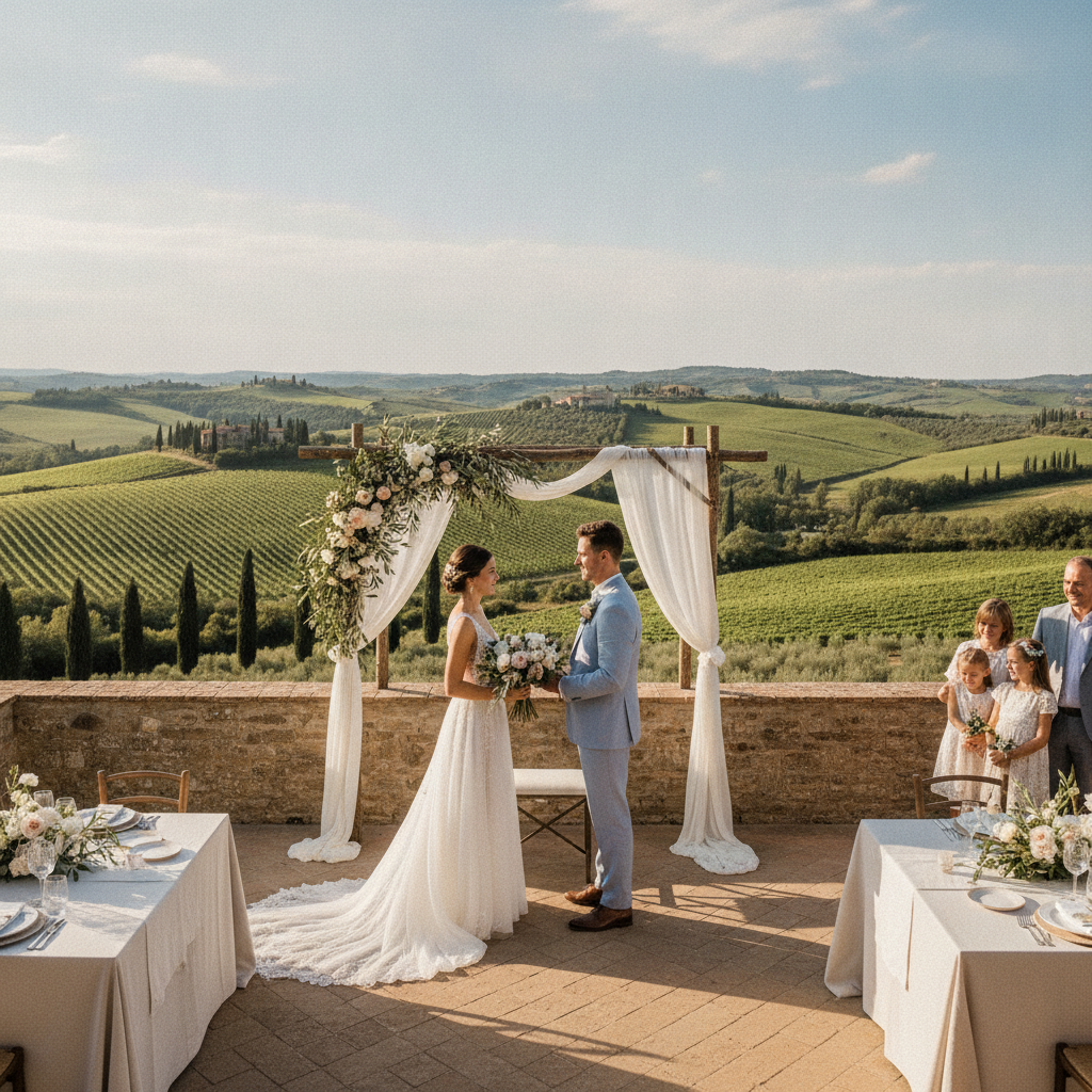 Couple de mariés qui échange ses vœux sur la terrasse ensoleillée d'une villa en Toscane