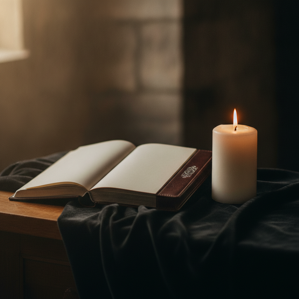 Registre de condoléances et bougie blanche allumée dans une ambiance recueillie